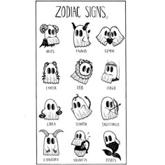 the zodiac signs are drawn in black and white, with different faces on each side