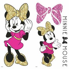 two minnie mouses with pink and gold bows on their heads, one in the shape of a bow