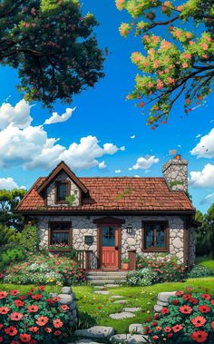 a painting of a house in the middle of a field with flowers and trees around it