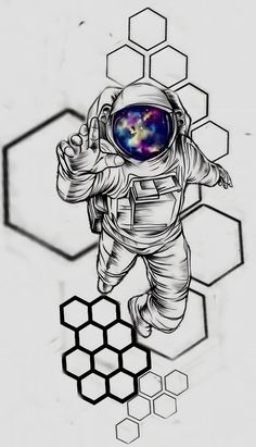 an astronaut floating in space with hexagons around him