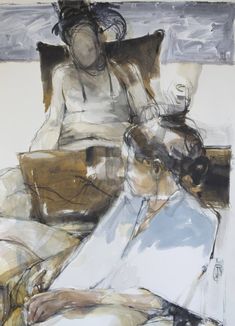 an abstract painting of two people sitting on a couch