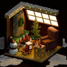 a christmas scene with a chair, table and snowman