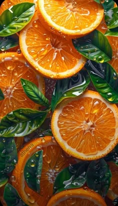 orange slices with leaves and water droplets on them are arranged in a pattern that appears to be floating or floating