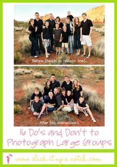 two pictures show the same family posing for a photo in front of an orange rock formation