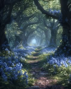 a path in the middle of a forest with bluebells on both sides and trees all around