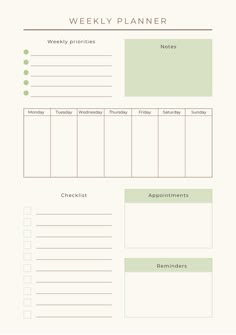 the printable weekly planner is shown in green