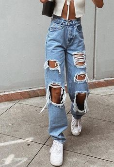 Ripped Distressed Baggy Denim Jeans Ripped High Waist Boyfriend Jeans - AnotherChill Ripped Jeans Women, Moda Denim, Moda Jeans, Boyfriend Jean, Loose Fit Jeans, Loose Jeans, Pantalon Large, Jeans Boyfriend, Look Casual