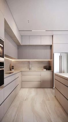 an empty kitchen with white cabinets and wood flooring