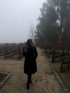 a woman walking down a path in the fog