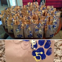 there are many bags that have blue and gold decorations on them, along with the number five