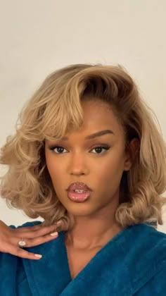 Hair inspo Blonde Weave On Black Women, Flick Up Hairstyles Short, Silk Press Natural Hair Blonde, Blonde Dye On Black Women, Finger Waves Blonde Hair, Blonde Short Hair On Black Women, Shoulder Length Hair 90s Style, Blonde Relaxed Hair Black Women, Dark Autumn Blonde Hair