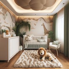 a baby's room with a giraffe wallpaper and a teddy bear rug