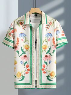 Men Floral Print Loose Shirt Without Tee, Short Sleeve Button Up Collar Graphic Colorful Shirt Apricot Boho  Short Sleeve Fabric Floral Shirt Non-Stretch  Men Clothing, size features are:Bust: ,Length: ,Sleeve Length: Floral Shirt For Men, Soft Utility, Fabric Paint Shirt, Wedding Kurta, Shirt Painting, Coastal Fashion, Mens Printed Shirts, Summer 2025, Floral Print Shirt