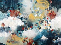 an abstract painting with cubes and clouds