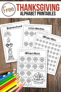 free thanksgiving printables for kids to practice their alphabet letters and numbers, including the letter