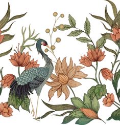 a painting of a peacock surrounded by flowers and leaves on a white background with green stems