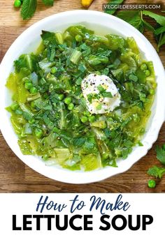 Wooden table with a bowl of lettuce soup. Leftover Lettuce, Leafy Green Soup Recipe, Lettuce Soup Recipes, Lettuce Soup, Lettuce Sandwich, Lettuce Recipes, Rice Noodle Soups, Zucchini Soup