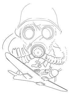 a drawing of a person wearing a gas mask with skis in front of him