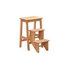 three wooden stools sitting next to each other on top of a white background,