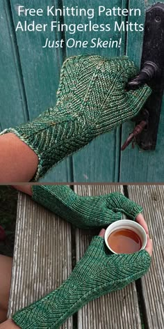 a person wearing green knitted mitts and holding a cup of tea in their hand