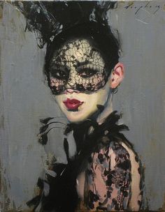 a painting of a woman with black lace on her face