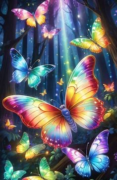 the colorful butterflies are flying in the forest