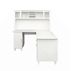 a white desk with two drawers and a bookcase on it's side, against a white background