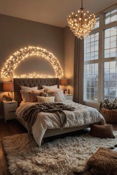 a bedroom with a large bed and lots of lights