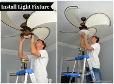 two pictures of a man working on a ceiling fan with the same light fixture in front of him