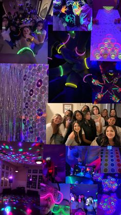 a collage of photos with different colors and shapes in the background, including neon lights