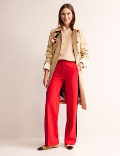 A wide-leg shape with front-pressed creases, the Westbourne pants are the perfect choice for when you're looking to smarten things up but still be comfortable (thanks again, ponte). Red Trousers Outfit, Red Pants Outfit, Red Wide Leg Pants, Wide Leg Pants Outfit, Red Trousers, Red Suit, Casual Work Outfit, Ponte Pants, Colored Pants