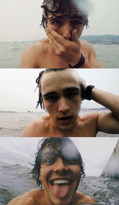 three different pictures of a man in the water with his mouth open and hands on his face