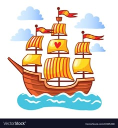 an old sailing ship in the ocean with flags on it's mast and waves