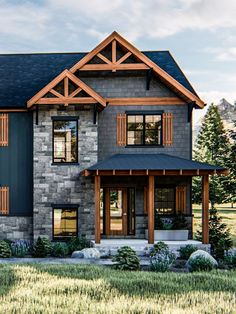 this is an artist's rendering of a house in the country style with stone and wood accents