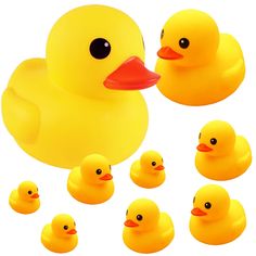 a group of yellow rubber ducks with black eyes