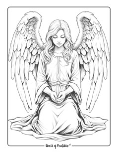 an angel sitting on the ground with her hands folded