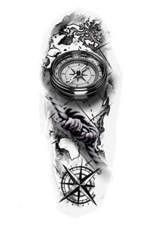 a tattoo design with an arrow and compass on it