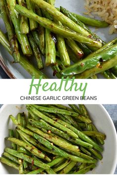 green beans and rice on a plate with the title healthy chinese garlic green beans overlay