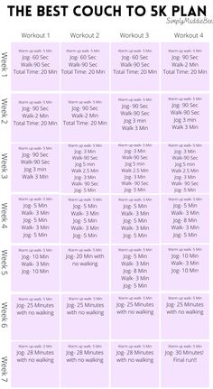 the best couch to 5k plan for beginners is shown in this chart with instructions