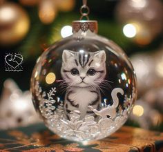 a glass ornament with a kitten in the center and a white cat on it