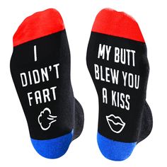 two pairs of socks that say i didn't fart, and the bottom one has