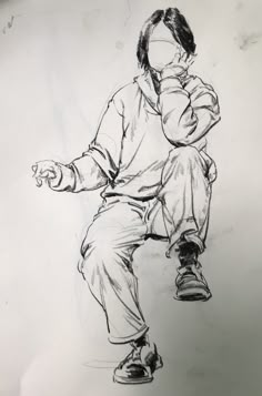 a black and white drawing of a person sitting on the ground with his hand in his mouth