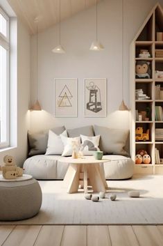 a living room filled with furniture and bookshelves