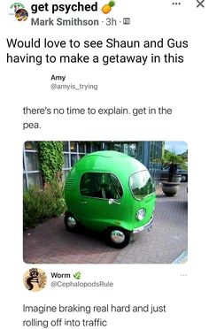 a green van parked on the side of a road