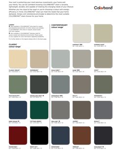 the color chart for an interior paint scheme, with different shades and colors to choose from