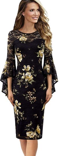 This is a gorgeous brand new petite size dress. It has a scoop neck, three quarter bell sleeves, slim fit, and a concealed back zipper closure. It has an inner polyester lining and is knee length. Ruffle Bell Sleeve, Women Bodycon Dress, Elegant Outfit, Plus Size Dress, Floral Print Dress, Ruffle Dress, Bell Sleeve, Cocktail Party, Sheath Dress