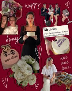 a woman holding a birthday cake surrounded by pictures and words that say happy birthday to a lady who is in love with her husband