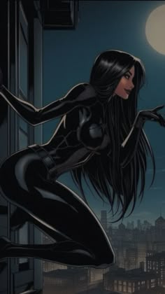 a woman in black catsuit standing on top of a window sill at night