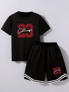 2pcs/Set Tween Boy Sportswear Basketball Jersey & Letter Print T-Shirt And Shorts Set, Summer Black Casual  Short Sleeve Polyester,Knitted Fabric Geometric,Letter  Medium Stretch  Tween Boys Clothing, size features are:Bust: ,Length: ,Sleeve Length: Sporty Short Sleeve Sports Sets, Sportswear Sets With Letter Print And Crew Neck, Sportswear Sets With Crew Neck Letter Print, Sports Short Sleeve Sportswear Set, Sportswear Sets With Short Sleeve For Sports, Cotton Sports Sets For Sports Season, Sports Sets With Short Sleeve Sportswear, Sporty Cotton Sets For Sports Season, Short Sleeve Sports Set