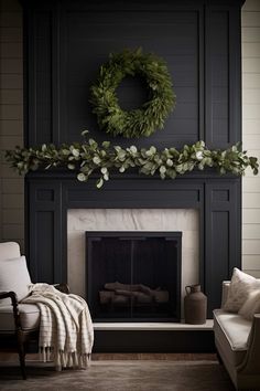 a living room with a fireplace, chair and wreath on the mantle